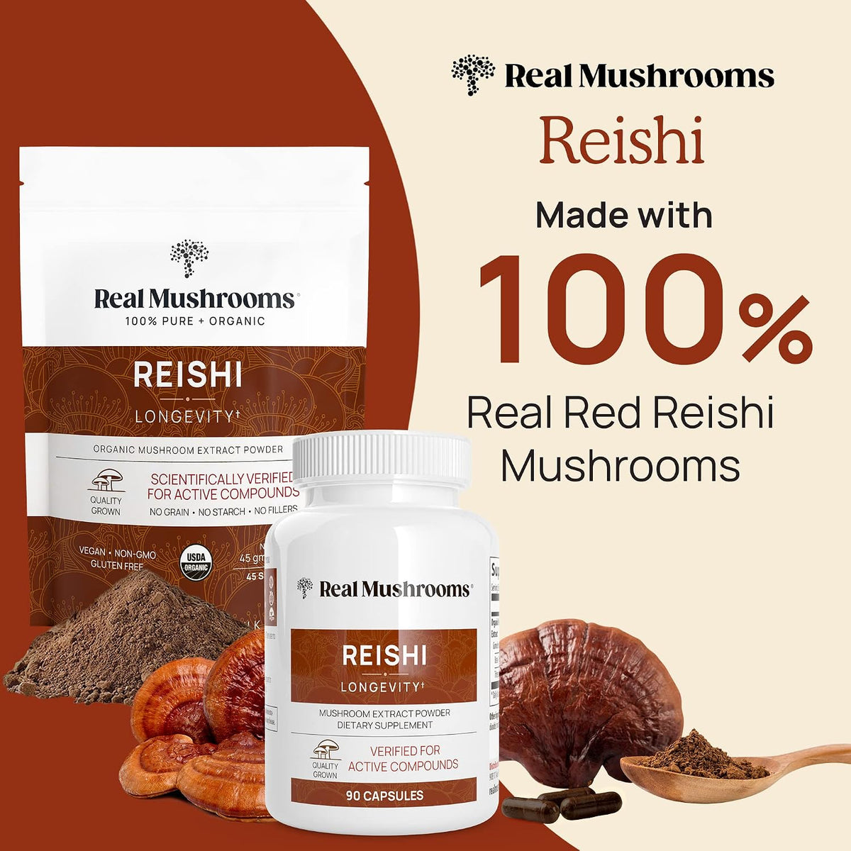 Real Mushrooms Peak Performance Bundle - Lion's Mane + Reishi + Cordyceps-M Certified Organic Mushroom Powders for Vitality, Immunity & Longevity