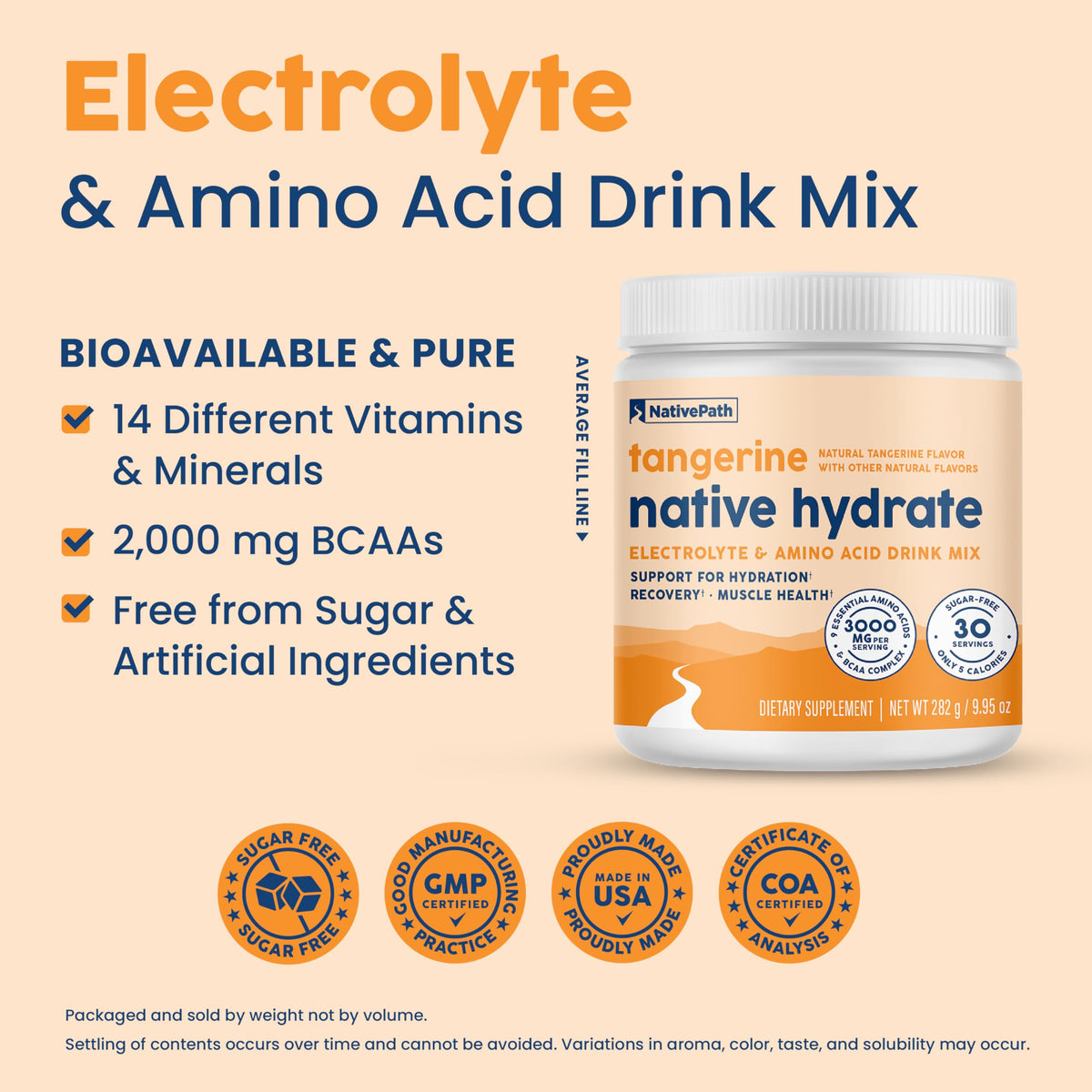 NativePath Hydrate, Zero Sugar, Electrolytes Powder with BCAAs, Tangerine Hydration, Keto & Paleo Friendly, 30 Servings