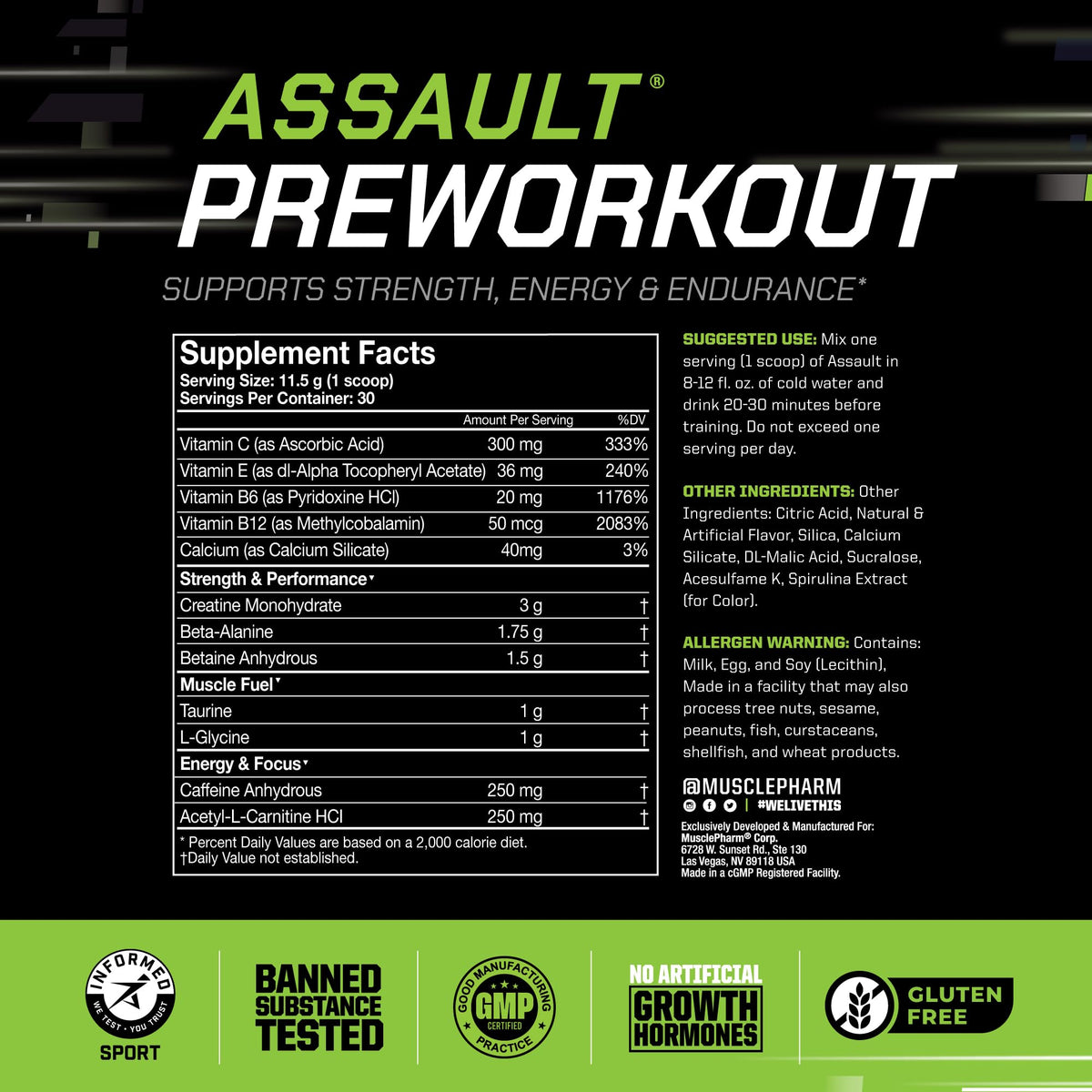 MusclePharm Assault Pre Workout Powder for Men & Women – Energy & Strength Boost Pre-Workout Supplements with Beta Alanine, Caffeine, Creatine & Betaine Anhydrous – 30 Servings, Fruit Punch Flavor