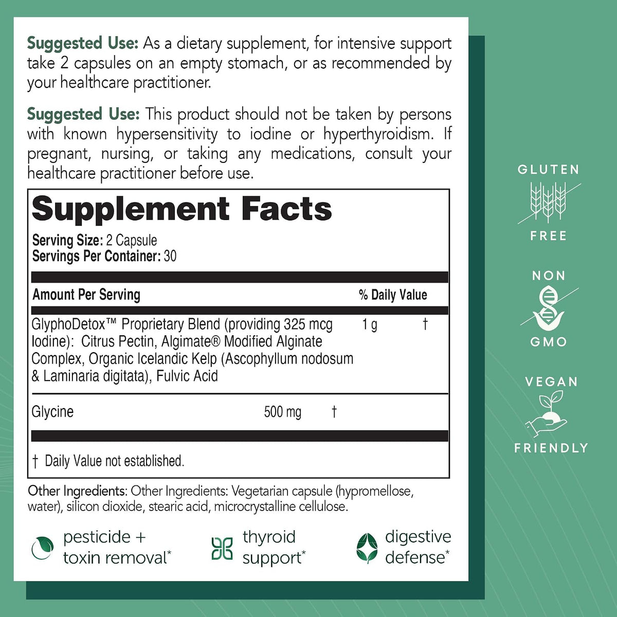EcoNugenics GlyphoDetox Supplement – Detox Cleanse to Safely Remove Glyphosate Pesticides & Agricultural Toxins, Support the Gut & Thyroid –Includes Glycine, Kelp, Citrus Pectin, Alginate– 60 Capsules