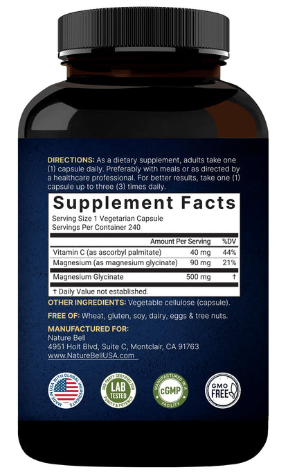 Naturebell Pure Magnesium Glycinate 500mg, 240 Veggie Capsules | 100% Chelated & Purified – 3rd Party Tested, Vegan Friendly, Non-GMO, Filler Free