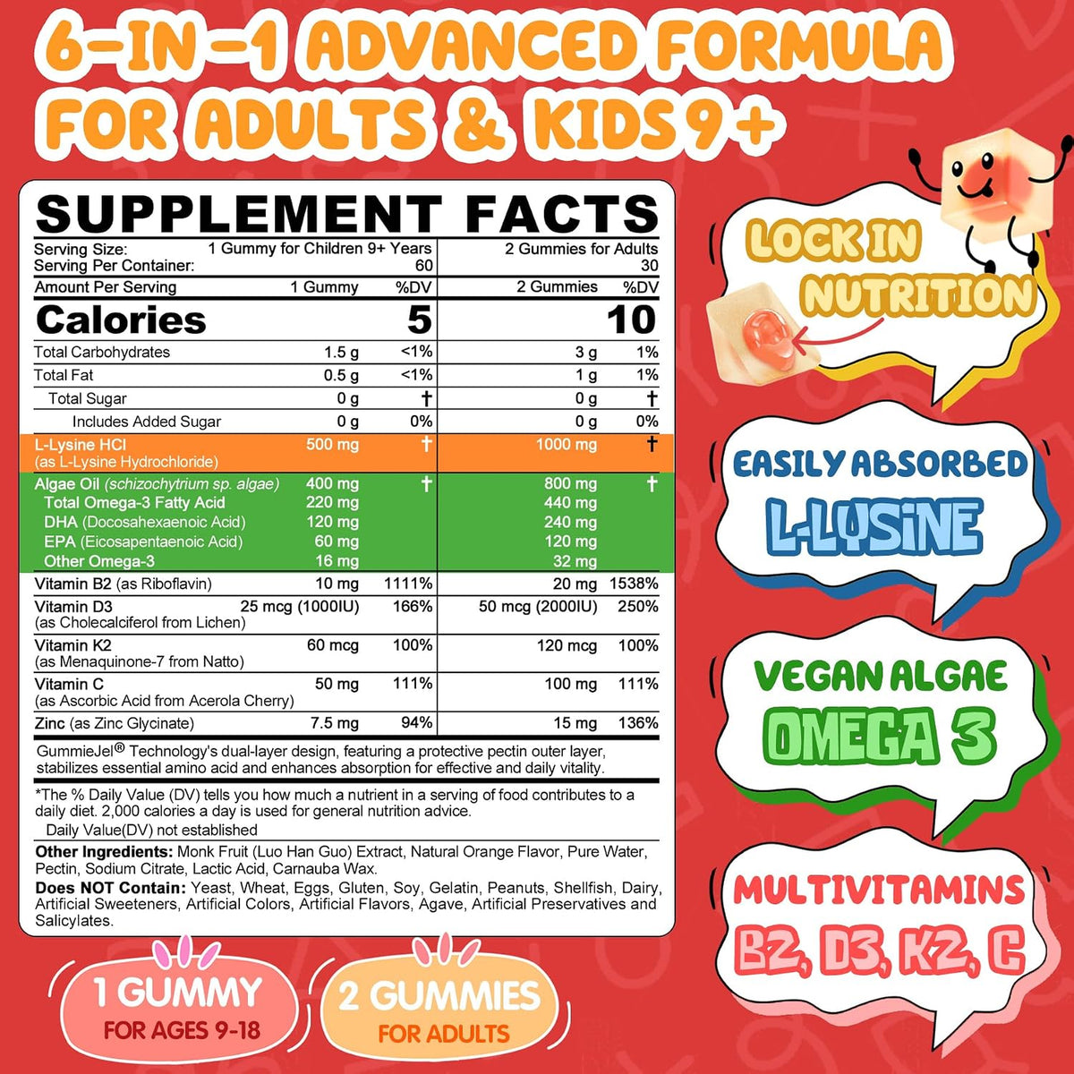 L-Lysine Gummies 500/1000mg with Algae Omega 3, Vitamin B2, D3, K2, C for Kids 9+, Teen & Adult, Lysine Supplement Support Immune, Lip & Oral, Collagen Production, Brain, Bone Health, Sugar Free 1Pack