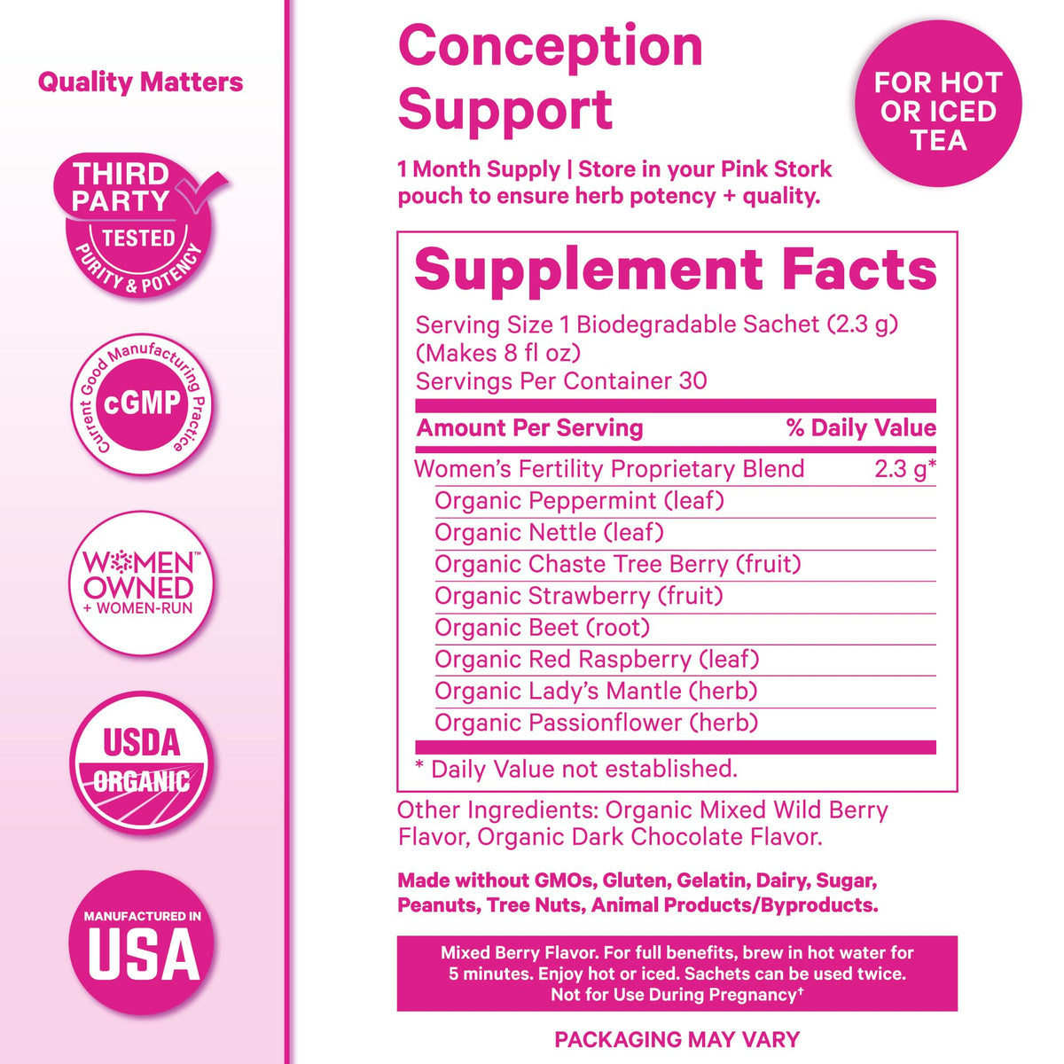 Pink Stork Organic Fertility Tea for Women, Sweet Mint, 15 Sachets | USDA Organic Herbs, Chaste Tree Berry (Vitex), Red Raspberry Leaf, Hormone Balance Support, Caffeine Free, 30 servings
