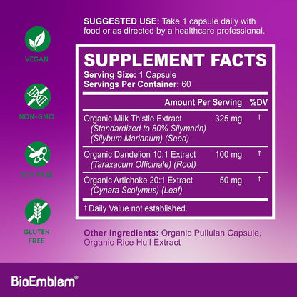 BioEmblem USDA Organic Liver Cleanse - 80% Silymarin Milk Thistle Extract for Liver Health and Liver Function with Dandelion & Artichoke Extracts - 100% Vegan, Non-GMO - Herbal Liver - 60 Capsules