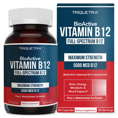 BioActive Vitamin B12 - 5000 mcg, Contains 3 BioActive Forms Methylfolate Cofactor - Methyl B12, Adenosyl B12 & Hydroxy B12 | Supports Energy, Metabolism & Mood | Vegan, Non-GMO (60 Servings)