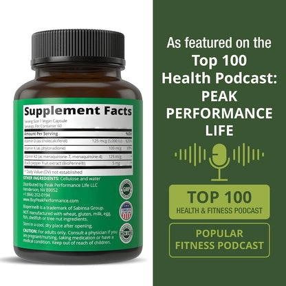 Peak Performance Advanced Vitamin D 5000 IU with All 3 Types of Vitamin K Vitamin D3 and Vitamin K2, K1, MK-7 (MK7), MK4 Supplement - 60 Small and Easy to Swallow Vegetable Capsules