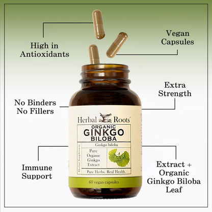Herbal Roots Organic Ginkgo Biloba Made with Pure Organic Ginkgo Leaf and Extract - 60 Vegan Capsules