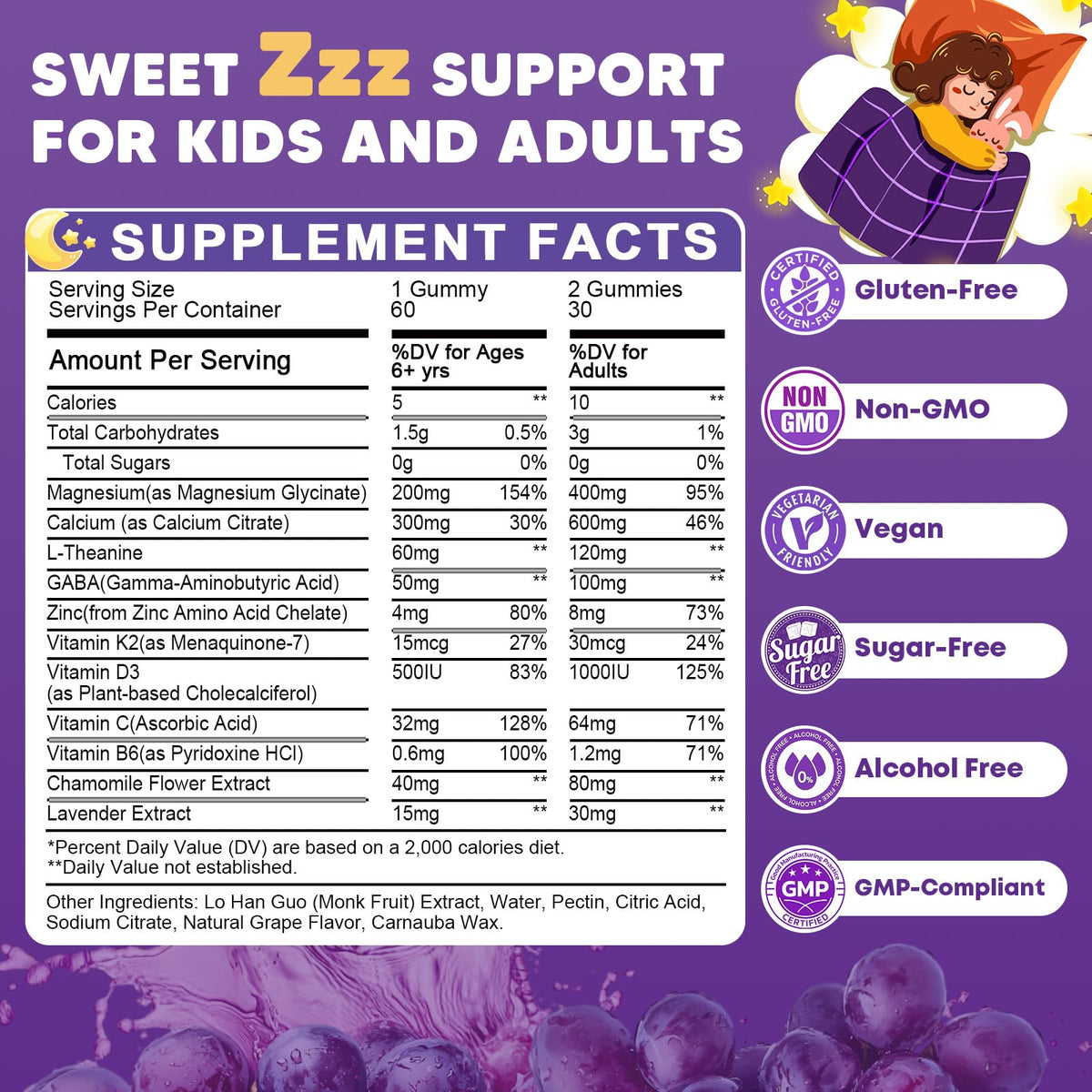 (2Pack) Sugar Free Magnesium Glycinate Gummies for Kids & Adults - Zzz Support, Relaxation & Cognition Support, 200/400mg Magnesium Gummies with L-Theanine,
