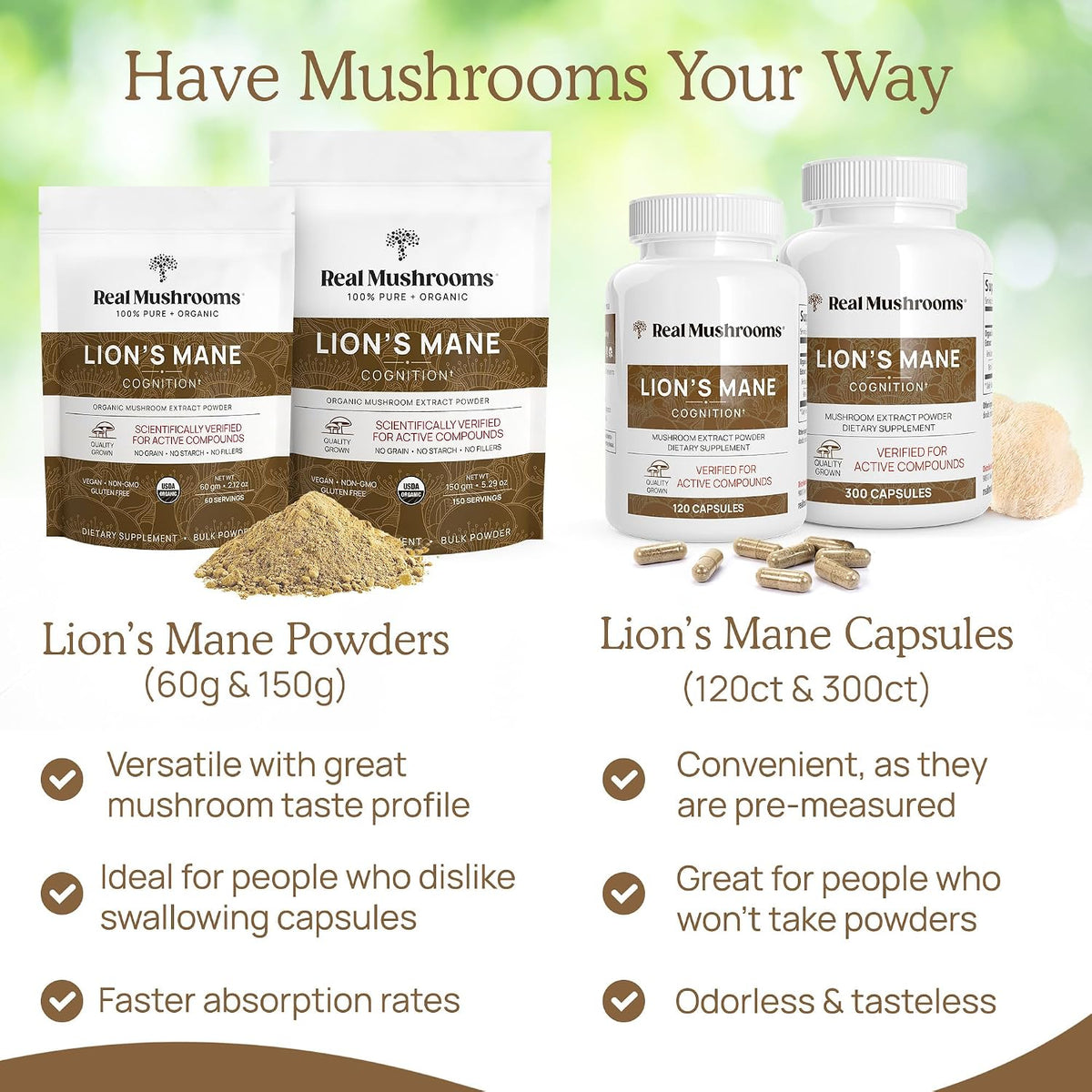 Real Mushrooms Vitamin D2, Zinc, Chaga, Reishi (120ct) and Lion's Mane (120ct) Bundle - Immunity and Cognitive Support, Chelated Zinc for Improved Absorption - Vegan, Gluten Free, Non-GMO