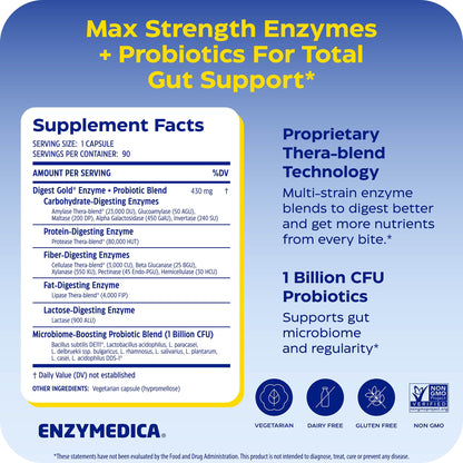 Enzymedica Digest Gold + Probiotics - Digestive Enzyme Supplement for Women & Men, Enzyme and Probiotic Capsules for Digestion, Gut Health Support,