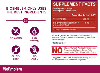 BioEmblem CoQ10 with BioPerine - 200mg Softgels, High Absorption - Coenzyme Q10 Antioxidant for Energy Production, Heart Health - Natural Form, Non-GMO CoQ10 Supplement - 90 Count
