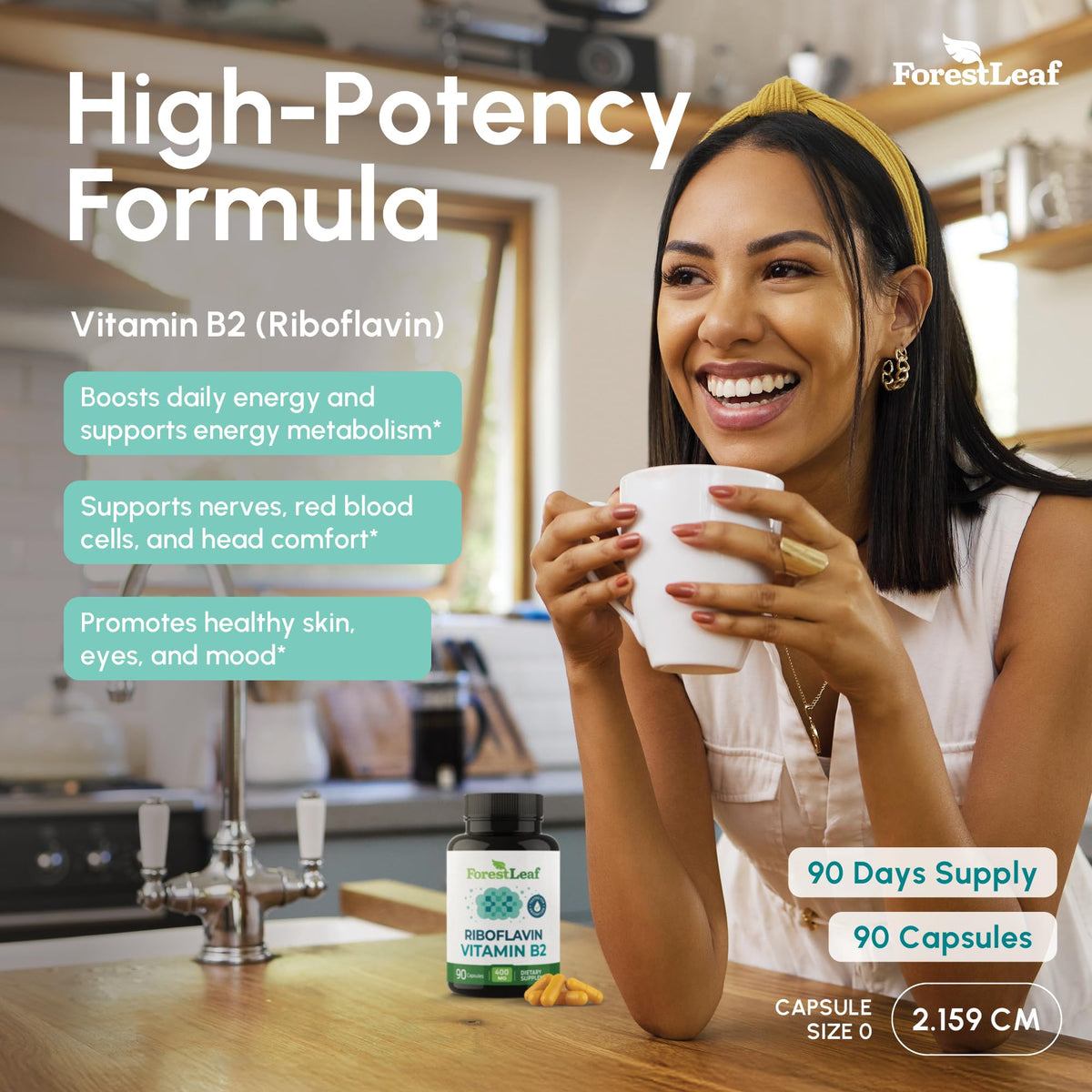 ForestLeaf Vitamin B2 Riboflavin 400mg - Energy, Skin & Cellular Health Supplement - Nervous System Support - Vitamin B 2 VIT B - Non-GMO & Gluten Free