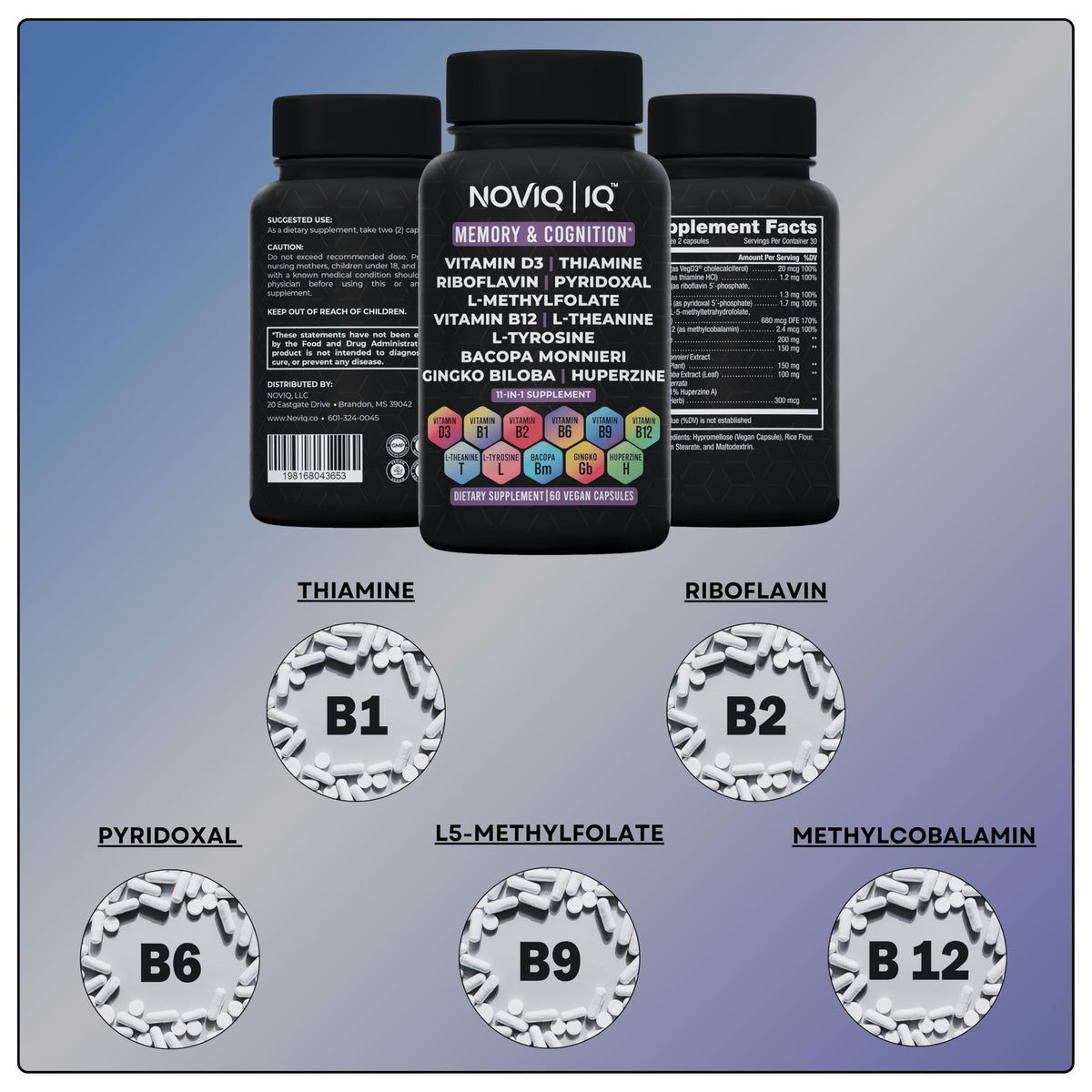 11-in-1 Nootropic Supplement: Supports Memory & Cognition - 100mg Ginkgo 150mg Bacopa 300mcg Huperzine 200mg L-Theanine 150mg L-Tyrosine & Bioactive B-Complex w/ 5-MTHF - 1,100mg+ Serving - 60 Count NOVIQBuy Supplements Australia
