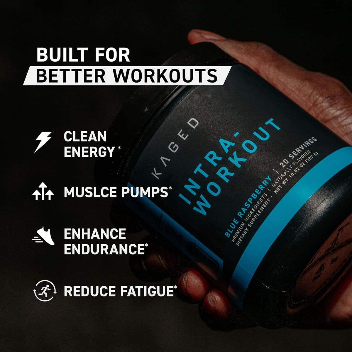 Kaged Intra-Workout Powder In-Kaged BCAAs, L-Citrulline & Beta-Alanine for Endurance 124mg Organic PurCaf Caffeine Coconut Water Powder 20 Servings Blue Raspberry