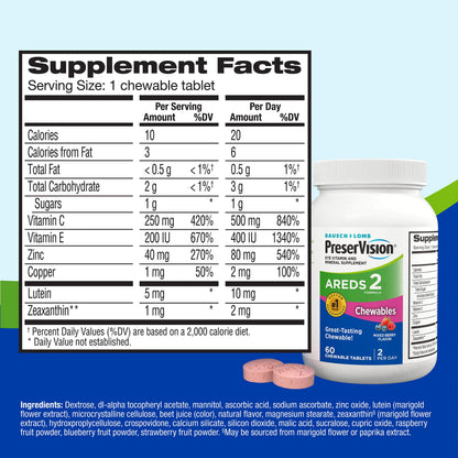 PreserVision AREDS 2 Eye Vitamins, #1 Eye Doctor Recommended Brand, Chewable Lutein and Zeaxanthin Supplement with Vitamin C, Vitamin E,Zinc, and Copper, Mixed Berry, 70 Tablets PreserVision buy supplements Au