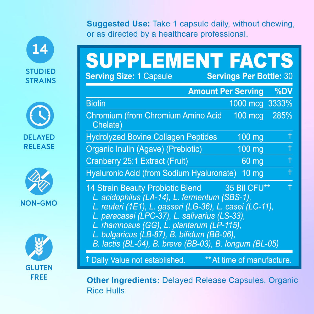 BioEmblem Beauty Probiotics for Women, 35 Billion CFU 14 Strains with Biotin, Collagen, Prebiotics for Digestive Health, Hair Skin and Nails, Vaginal Probiotics Supplement, Shelf Stable, 30 Caps