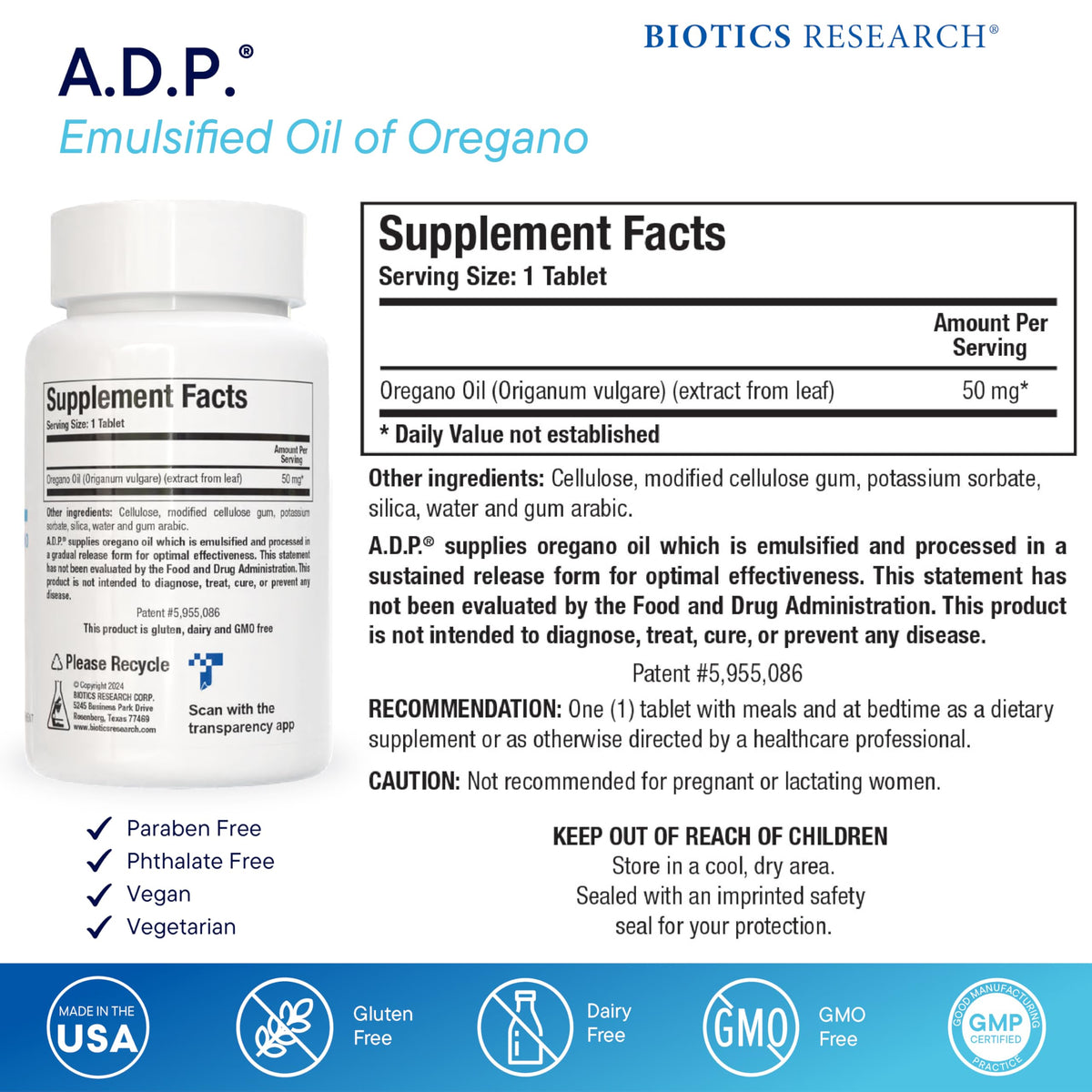 BIOTICS RESEARCH A.D.P. Emulsified Oil of Oregano Tablets for GI Health -Sustained Release for High Absorption Contains Carvacrol, Wild Oregano Oil 50mg/S - Patented Formula -Non GMO –120 Tablets