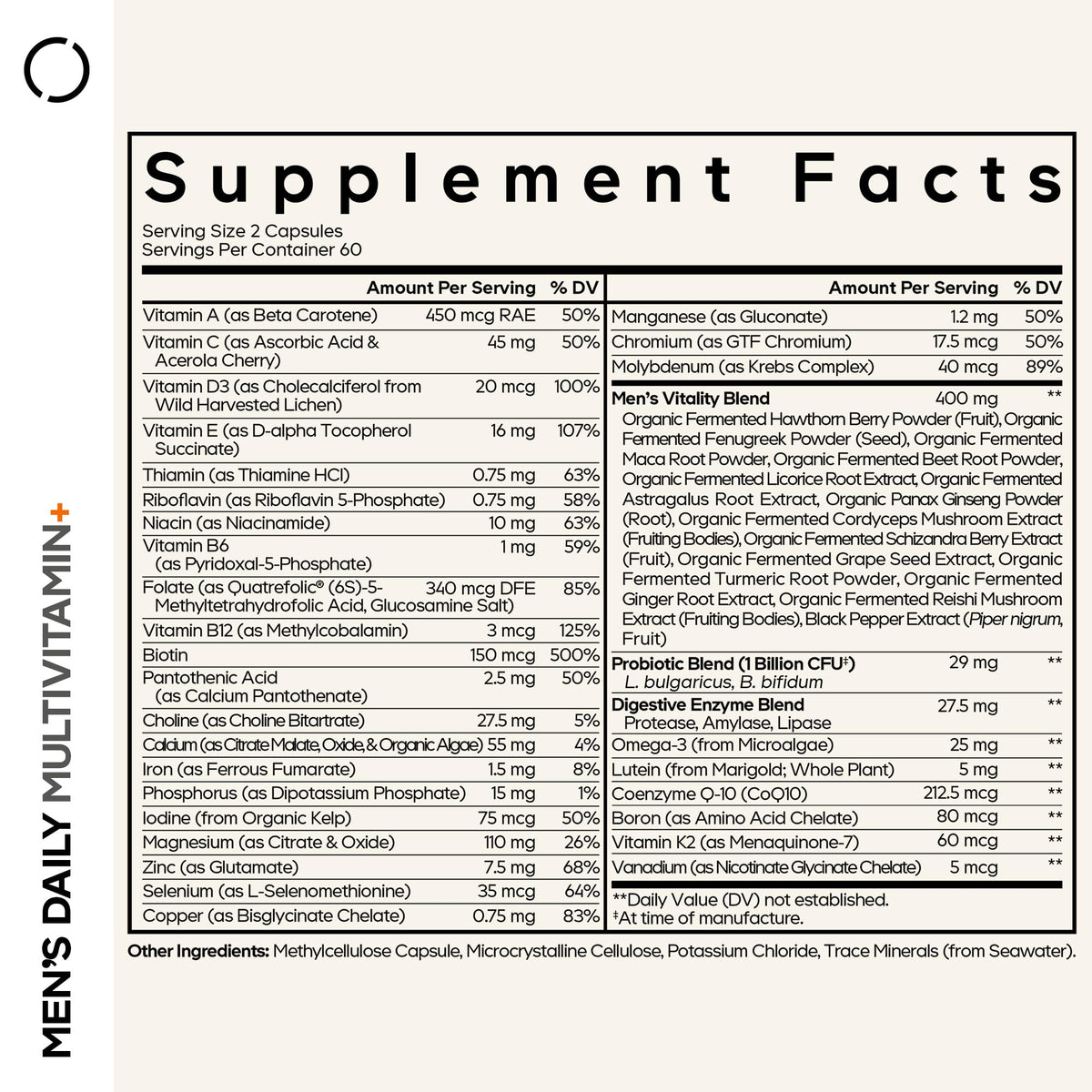 Codeage Men’s Daily Multivitamin – 25+ Essential Vitamins & Minerals, Organic Whole Foods, Probiotics, Omega-3, Zinc, Vitamins A, B, C, D, E & K – 120 Capsules