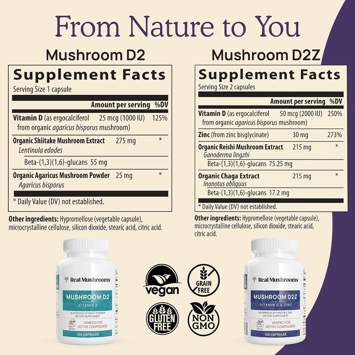 Real Mushrooms Vitamin D2, Zinc, Chaga, Reishi (120ct) and Lion's Mane (120ct) Bundle - Immunity and Cognitive Support, Chelated Zinc for Improved Absorption - Vegan, Gluten Free, Non-GMO