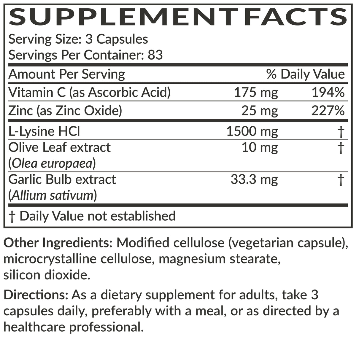 Futurebiotics L-Lysine Defense Immune Support Complex 1500 MG Per Serving with Vitamin C, Zinc, Olive Leaf & Garlic - Non-GMO, 90 Vegetarian Capsules
