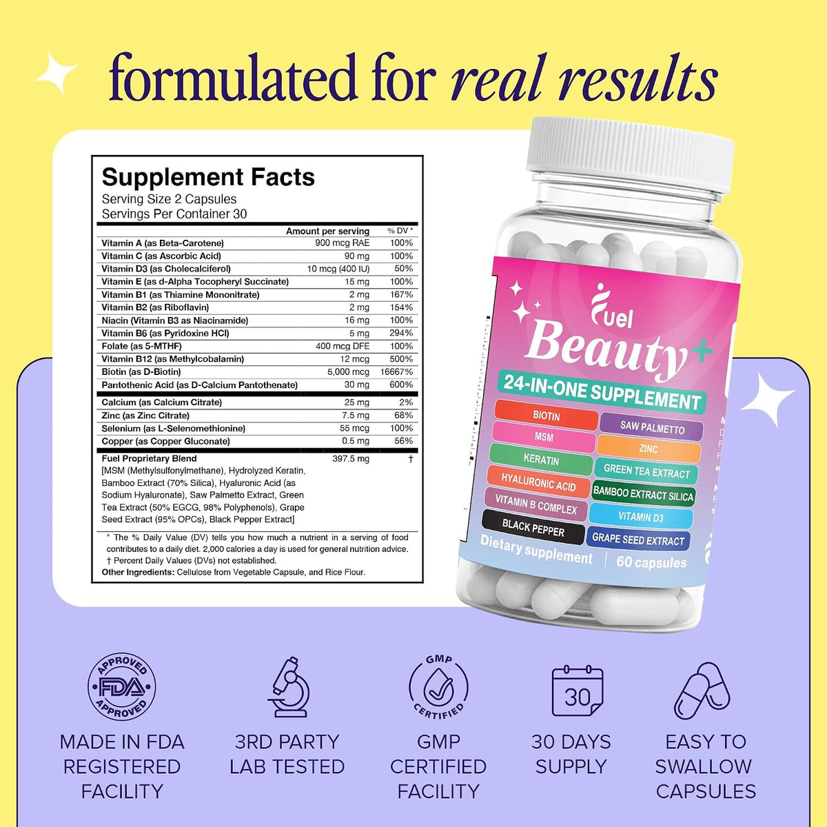 Fuel Beauty+ 24-in-1 Hair, Skin & Nails Vitamins for Women – 5000mcg Biotin, Hyaluronic Acid & Saw Palmetto – Daily Multivitamin for Hair Growth, Nail Strength & Skin Glow – 60 Capsules