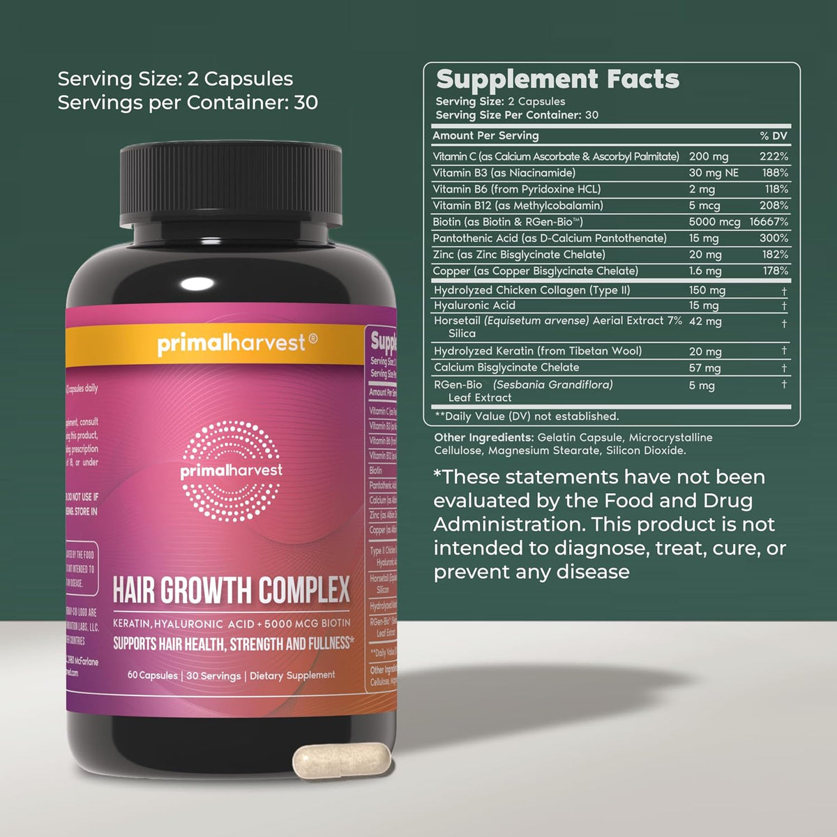 Primal Harvest Hair Growth Vitamins, Hair Growth for Women & Men - 60 Hair Growth Pills, Natural Hair Thickening Products for w/Biotin & Zinc - Hair Supplement, Regrowth Hair Vitamins