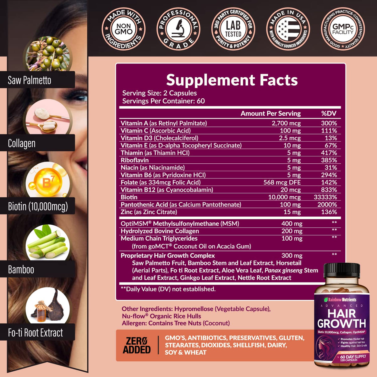 Hair Growth Vitamins for Women | Biotin 10,000mcg, Collagen, Patented OptiMSM®, goMCT