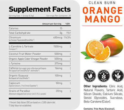 Kaged Thermogenic Powder Clean Burn Orange Mango Men & Women Weight Management Supplement Organic Caffeine Apple Cider Vinegar 30 Servings
