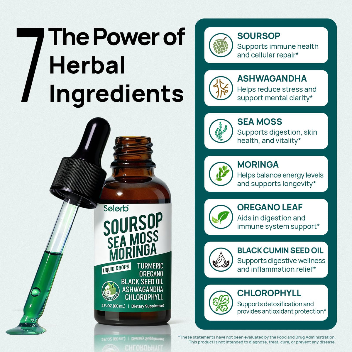 Soursop Bitters Liquid Soursop Drops with Sea Moss, Moringa, Turmeric, Black Seed Oil, Oregano, Ashwagandha & Chlorophyll High Absorption for Gut & Digestive Health, Immune & Antioxidant | 2 Fl Oz