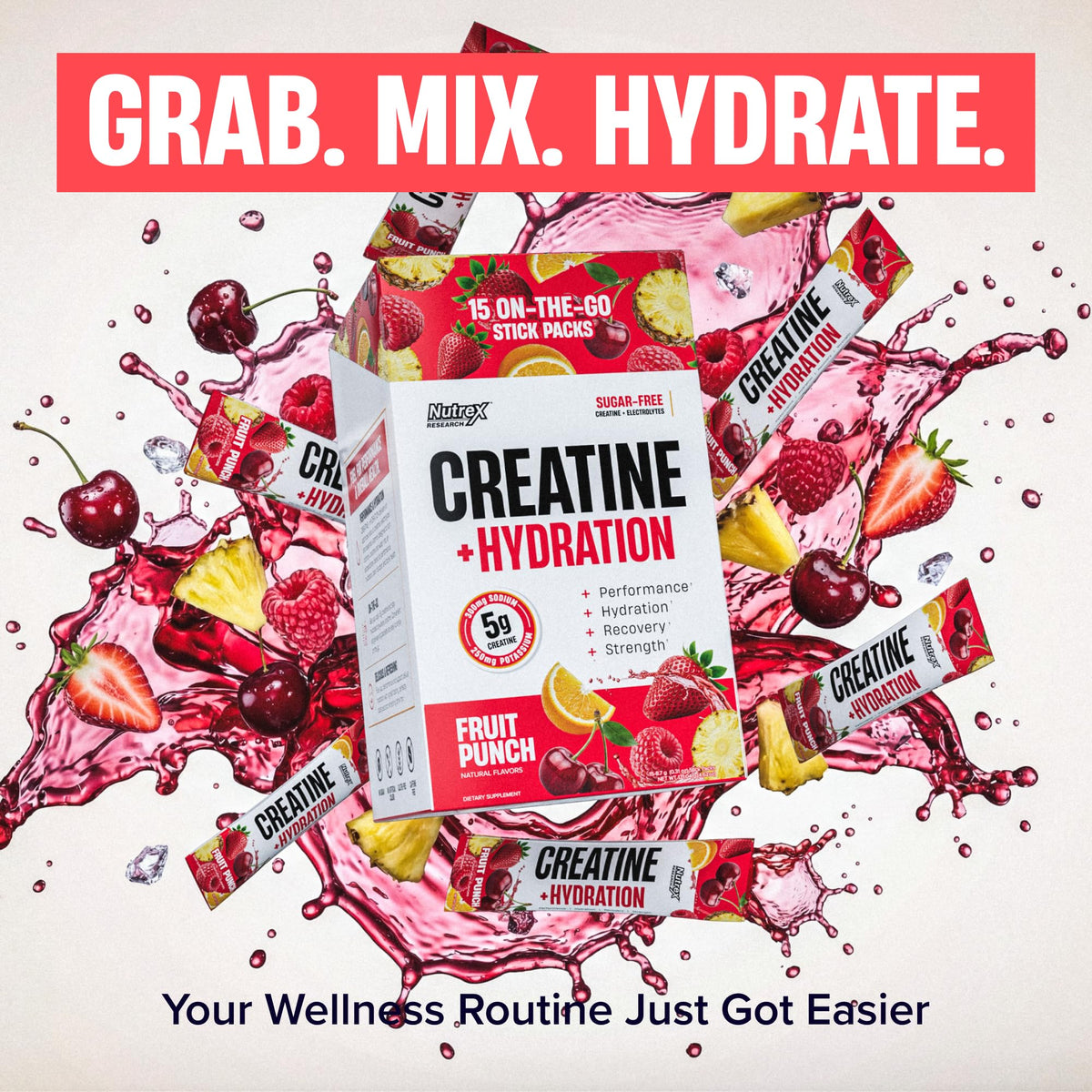 Nutrex Research Essentials Creatine + Hydration Stick Packs, 5g Creatine + Electrolytes, Sugar Free, Gluten Free, Strawberry Watermelon, 15 On-The-Go Stick Packs
