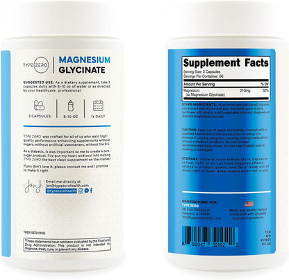 Type Zero Magnesium Glycinate (210mg) 180 Capsules, Gluten-Free, GMO-Free | Natural High Absorption Magnesium Supplement