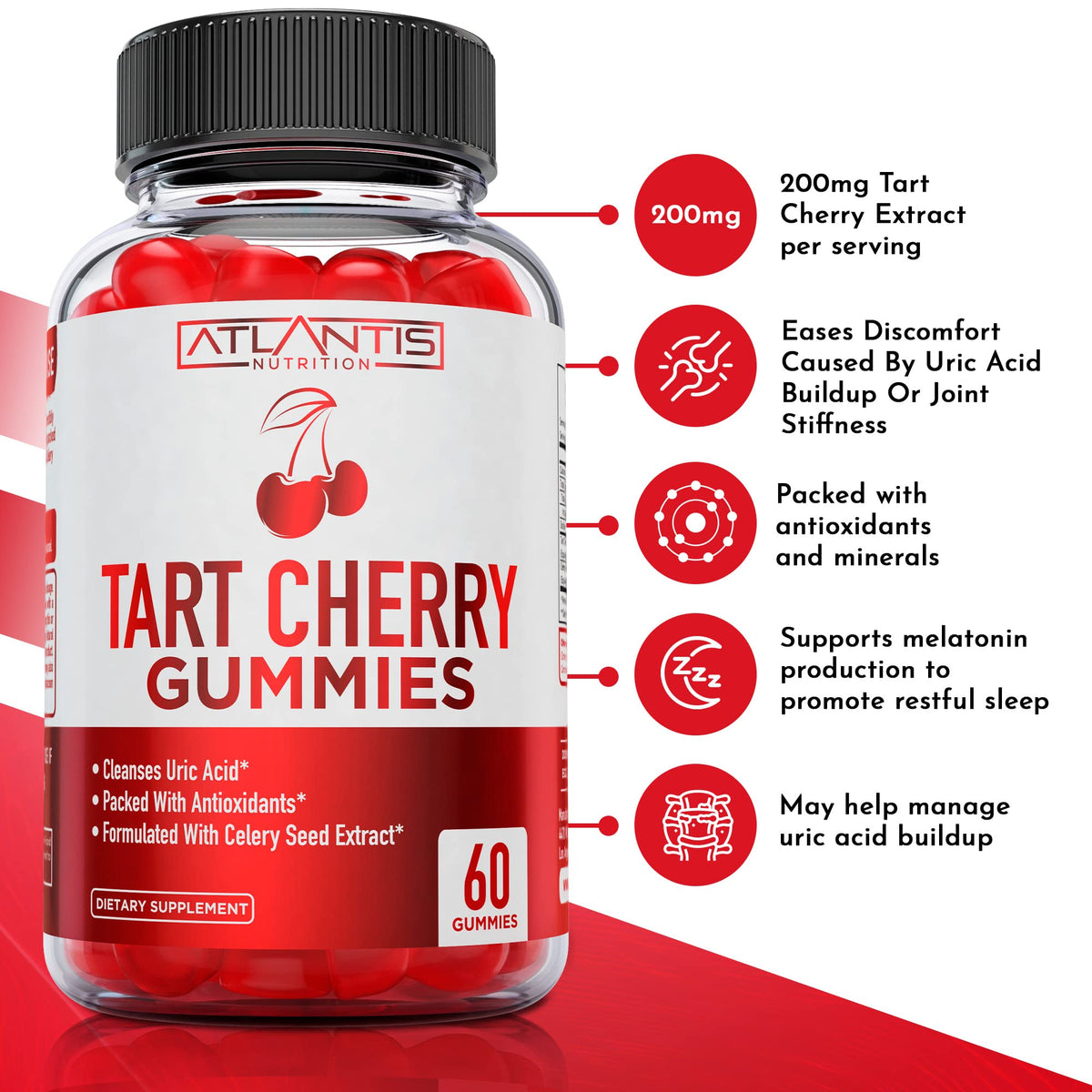 Atlantis Nutrition Tart Cherry Gummies with Celery Seed Extract - Advanced Uric Acid Cleanse for Immediate Relief | Joint Relief & Recovery