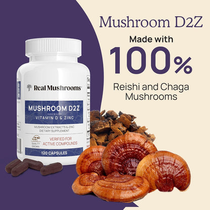 Real Mushrooms Zinc and Vitamin D2 Capsules – with Organic Chaga and Reishi Mushroom Extracts – Vitamins for Overall Wellness Support – Vegan, Non-GMO, Gluten-Free – 120 Count Mushroom Supplement