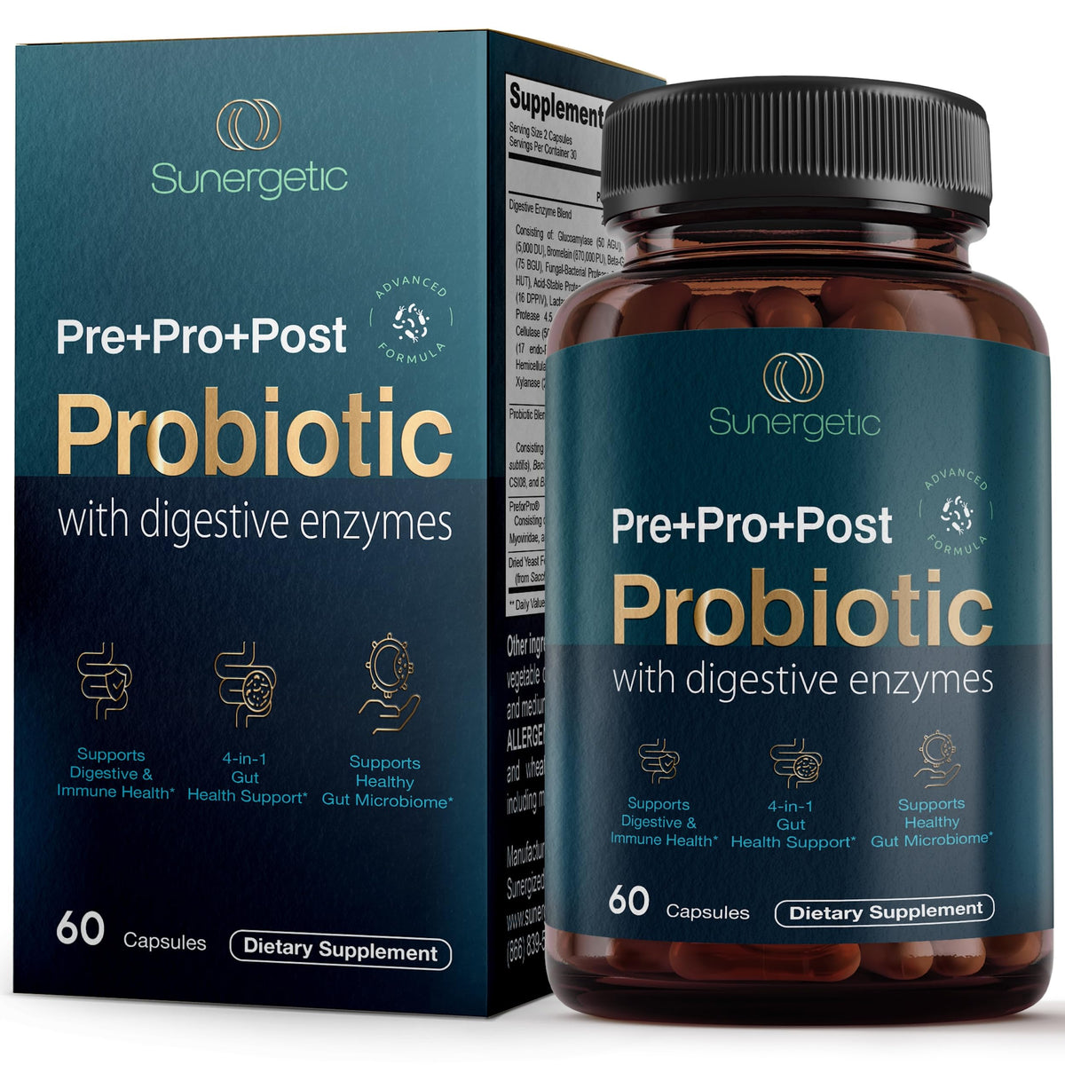 Premium 4-in-1 Probiotic Prebiotic, Postbiotic & Digestive Enzymes for Men & Women – Supports Gut, Digestion & Immunity –Complete Gut Health with Pre, Post
