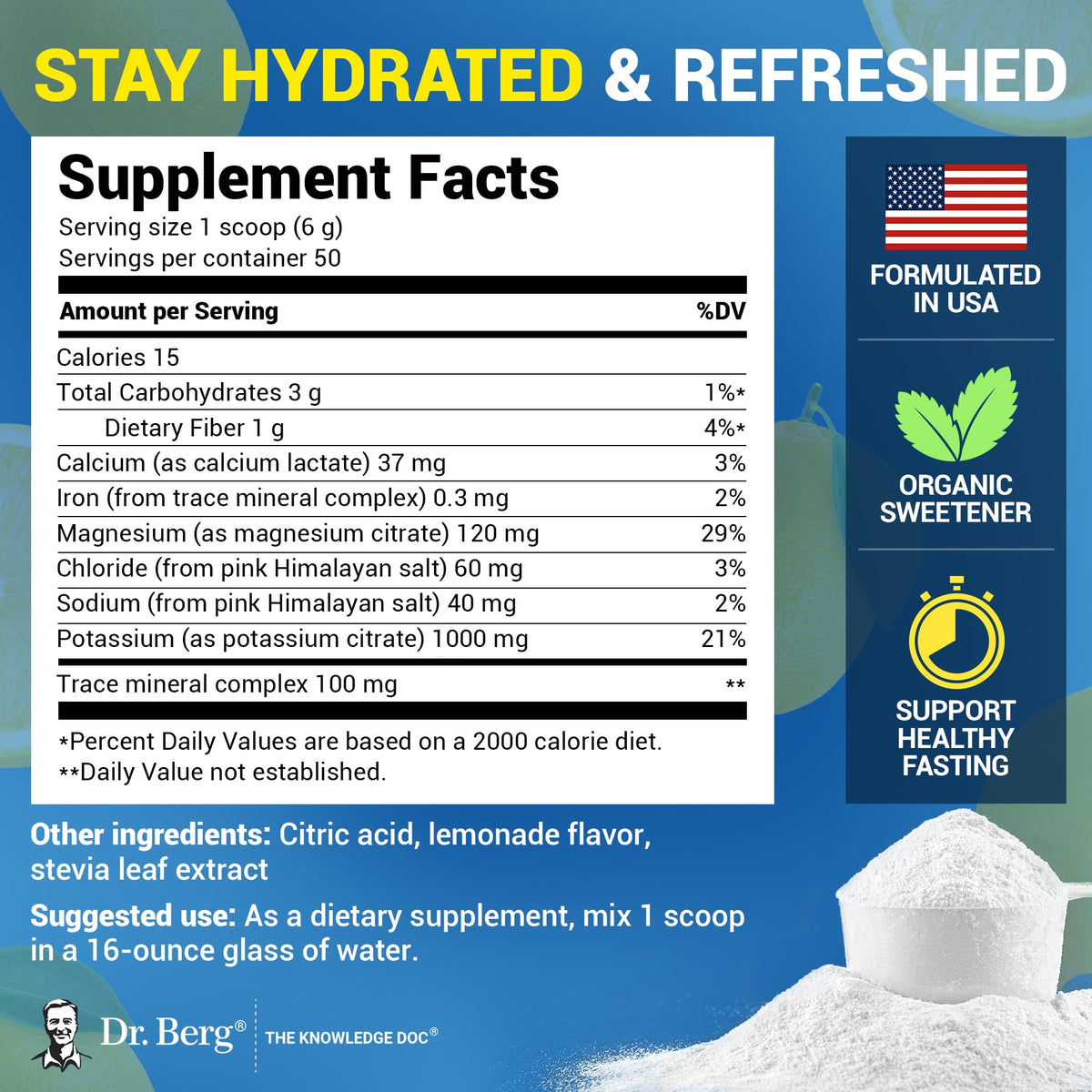 Dr. Berg Zero Sugar Hydration Keto Electrolyte Powder - Enhanced w/ 1000 mg of Potassium & Real Pink Himalayan Salt (NOT Table Salt) - Raspberry & Lemon Flavor Hydration Drink Supplement, 100 Servings