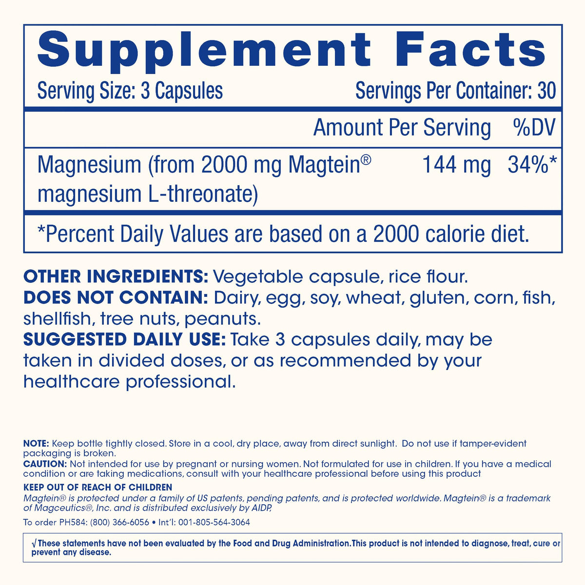 Magnesium L-Threonate Supplement (Magtein), 90 Capsules | Clinically Supported for Brain Health | Optimize Learning, Memory & Focus | 3rd Party Tested (3 Pack)