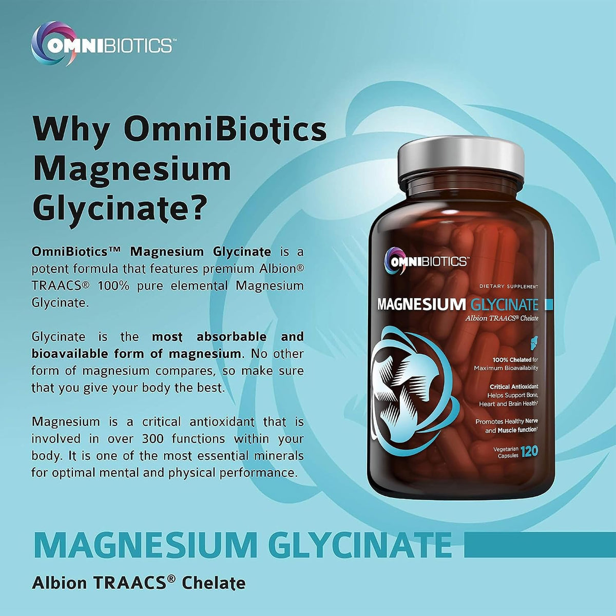 OmniBiotics Magnesium Glycinate Supplement – with 100% Pure Albion TRAACS Bisglycinate Chelate for Sleep, Muscle, Nerve & Heart Health – 120 Vegan Capsules (Pack of 2)