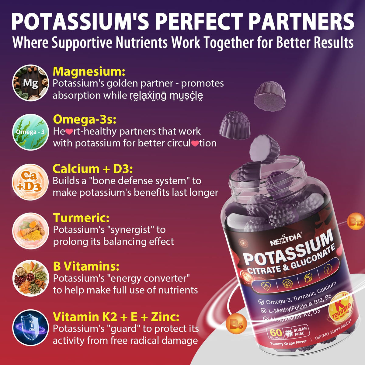 Potassium Citrate and Potassium Gluconate Supplement, 1200mg Two Forms of Potassium Gummies, w/Magnesium, Omega-3, Calcium, Vitamin D3 K2 B12 E B6, Folate for Mṵṣḉḷḙ, Nerves, Health Bones, 120Cts