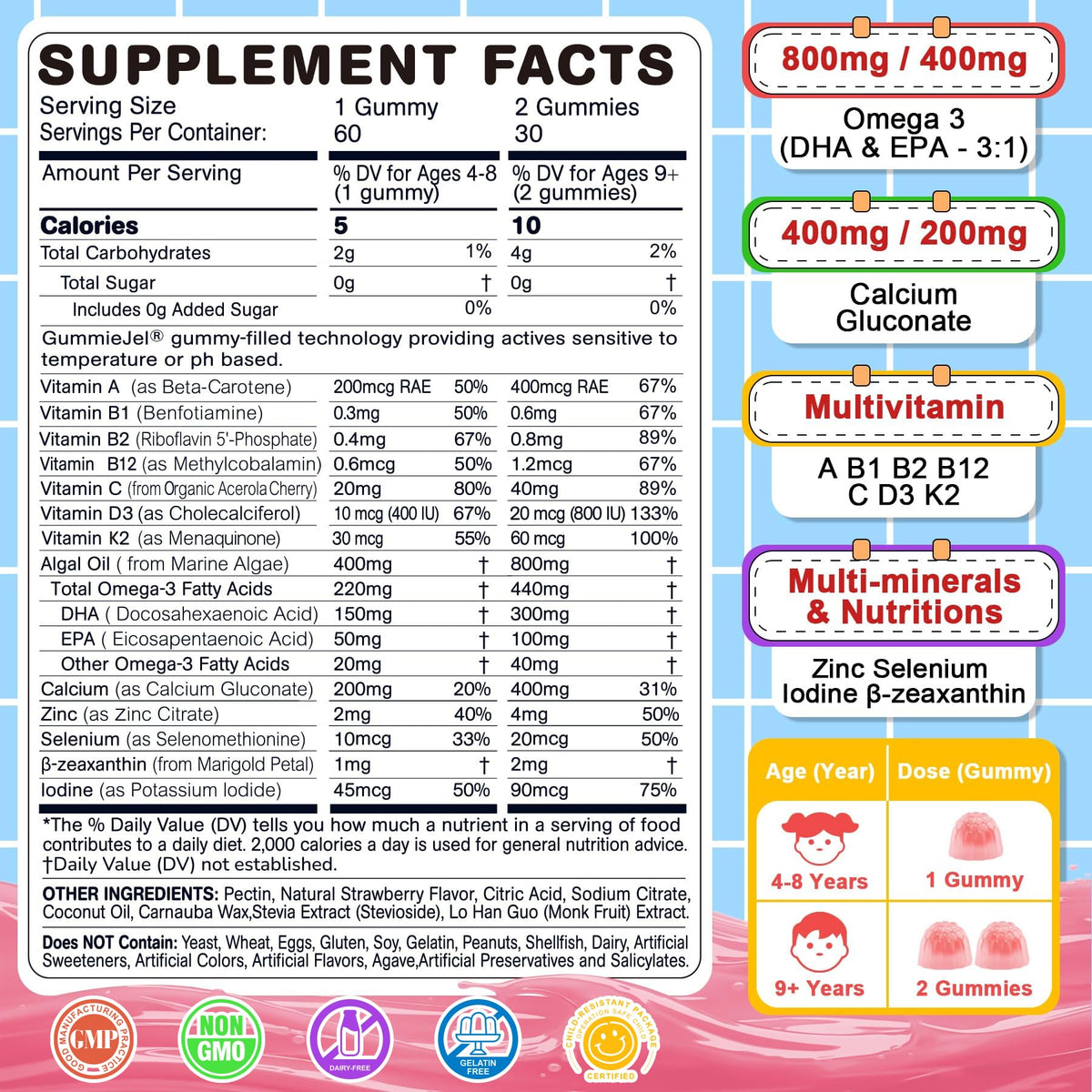 Nextdia Omega 3 (EPA/DHA) Filled Gummies for Kids Teen with Multivitamin, Calcium + D3 + K2 + Zinc, Plus Vitamin A B1 B2 B12 C, Selenium, Iodine for Brain, Eye, Bone, Energy, No Fish Taste, Sugar Free