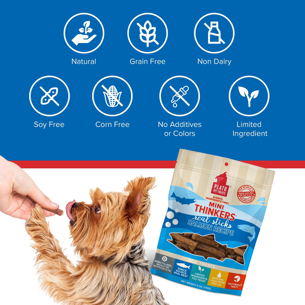 Plato Meat Sticks Salmon Dog Treats, Air-Dried High-Protein Soft Chews with Omega Fish Oil (EPA & DHA), 10 oz