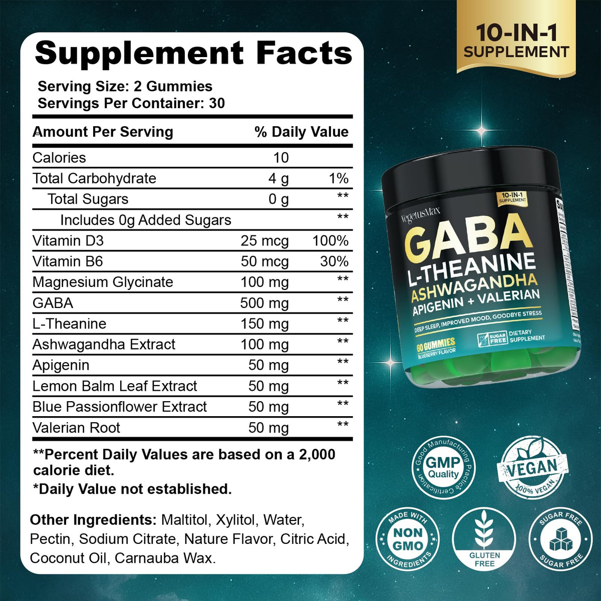 GABA L-Theanine Gummies, Sugar-Free Calm Gummies with L-Theanine, Ashwagandha,Valerian Root,Magnesium | Support Sleep,Stress Relief & Relaxation | GABA Supplement for Adult- Blueberry Flavor VEGETUSMAXBuy Supplements Australia
