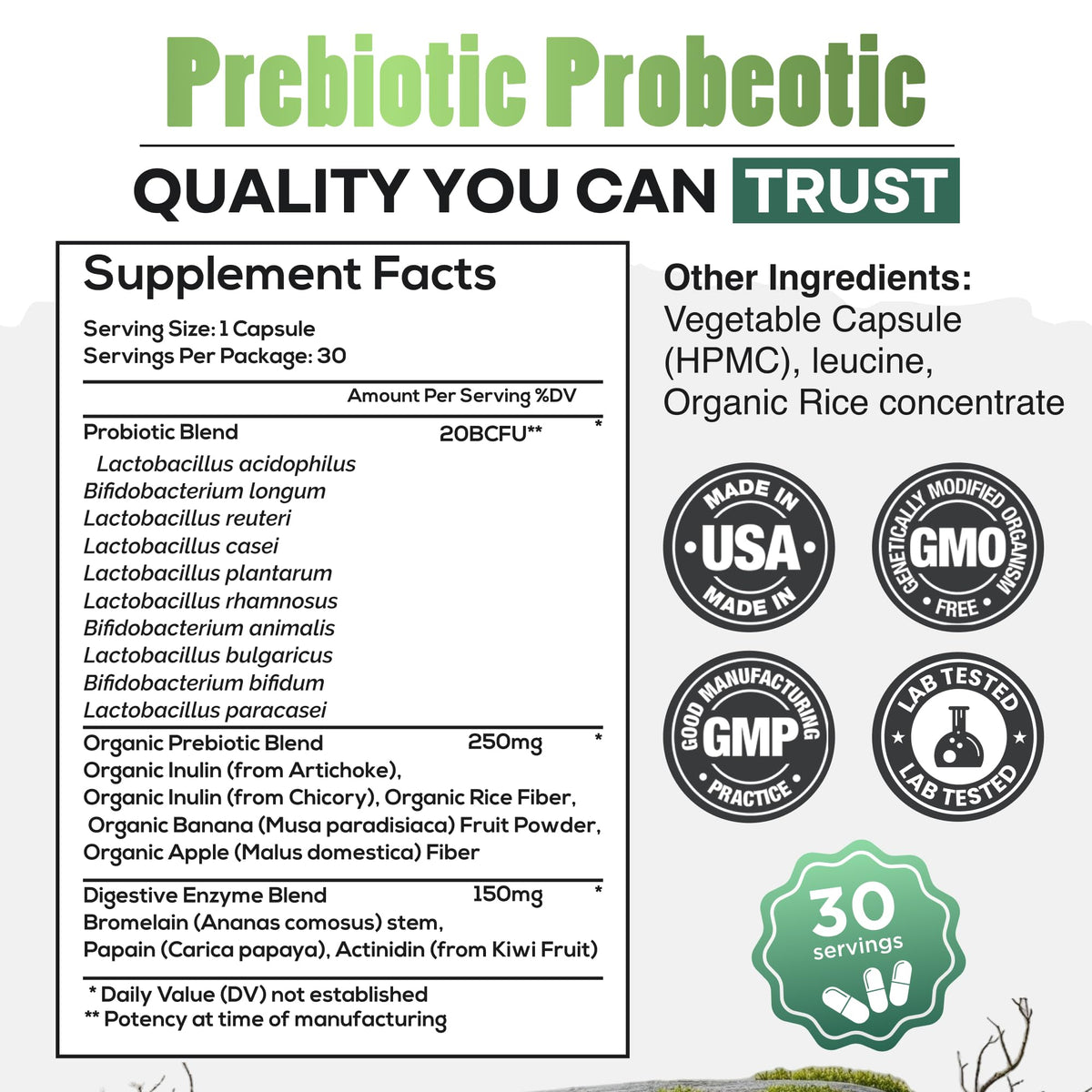 Wild Prebiotics and Probiotics with Digestive Enzymes | 20 Billion CFU - 10 Strains for Women & Men | Support Gut Health & Digestion Supplements | Non-GMO Prebiotic Fiber | 30 Capsules