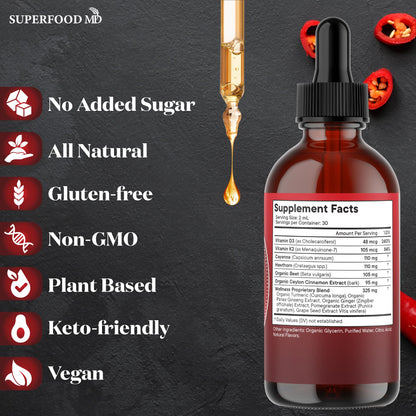 Cayenne Pepper Supplement Liquid Drops + Hawthorn Berry, Vitamin D3 K2 Beet Root Powder, Ceylon Cinnamon, Turmeric Curcumin, Organic Panax Ginseng - 4 OZ Superfood MD buy supplements Au