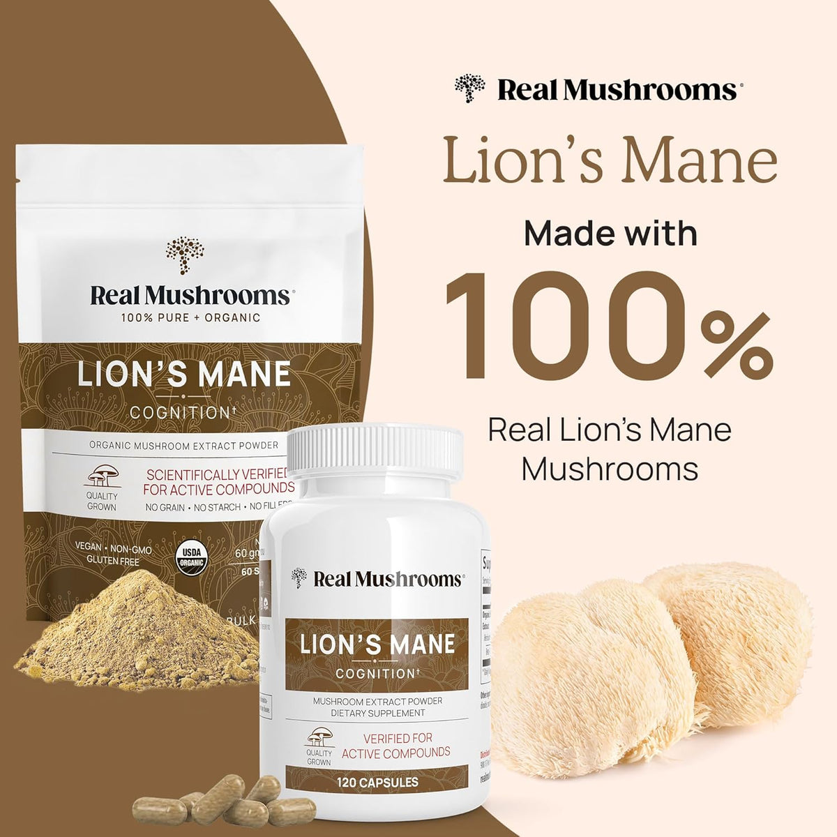 Real Mushrooms RealClarity (60ct) and Lions Mane (120ct) Capsules Bundle - Mushroom Supplement for Brain Health, Mental Clarity, Focus, Cognition & Immune Support - Brain Vitamins w/Ashwagandha