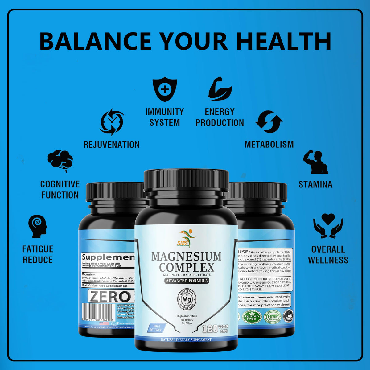 SMSHEALTHPRODUCTS.com Magnesium Complex | 470mg of Magnesium Glycinate, Malate, & Citrate for Muscles, Nerves, & Energy | High Absorption | Vegan, Non-GMO | 120 Capsules SMSHEALTHPRODUCTS.com buy supplements Au