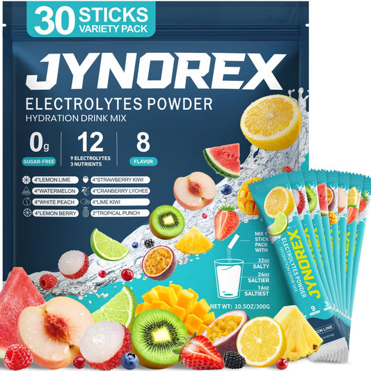 JYNOREX Electrolytes Powder Packets Sugar Free, 30 Sticks High Sodium Hydration Packets, Electrolyte Drink Mix with Lemon Lime Watermelon Peach Berry Kiwi