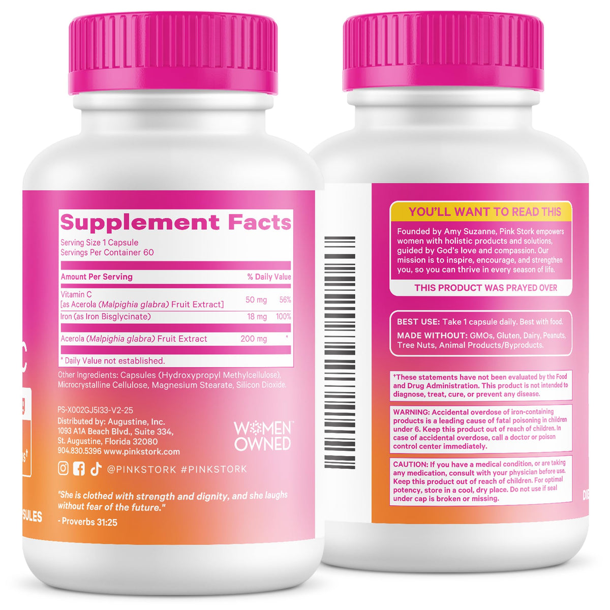 Pink Stork Iron for Women with Vitamin C, 60 Capsules, 2-Month Supply | 18 mg Chelated Iron Bisglycinate + Vitamin C, Supports Energy, Focus + Oxygen, Pregnancy, Postpartum, PMS + Perimenopause