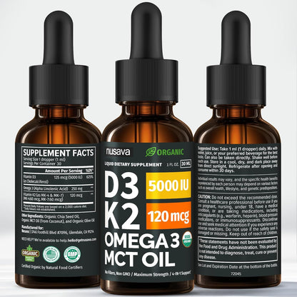 NUSAVA Unflavored D3 K2, Strawberry Flavored D3 K2 & Vitamin B12 Liquid Drops Bundle — Daily Wellness Liquid Vitamins for Energy & Immune Support — Non-GMO, Gluten-Free, 2pk Each