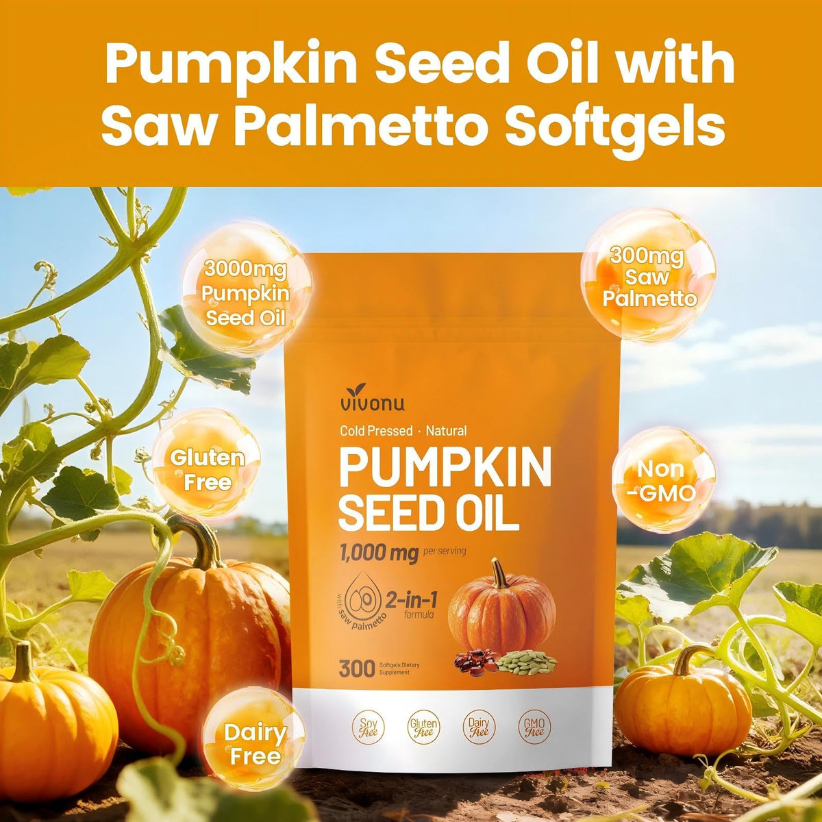 VivoNu Pumpkin Seed Oil with Saw Palmetto Capsules,3800mg 300 Softgels | Cold Pressed,Pure Virgin Oil,Essential Fatty Acids&Phytosterols | Supports Hair,Urinary,Bladder&Prostate Health|Non-GMO