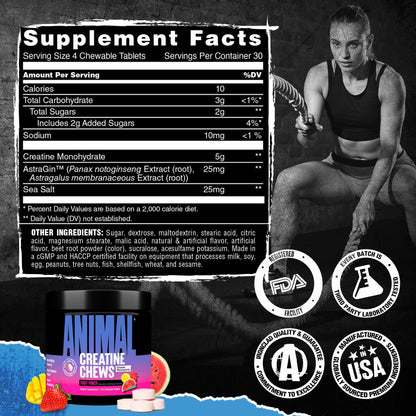 Animal Creatine Chews Tablets - Enhanced Creatine Monohydrate with AstraGin to Improve Absorption, Sea Salt for Added Pumps